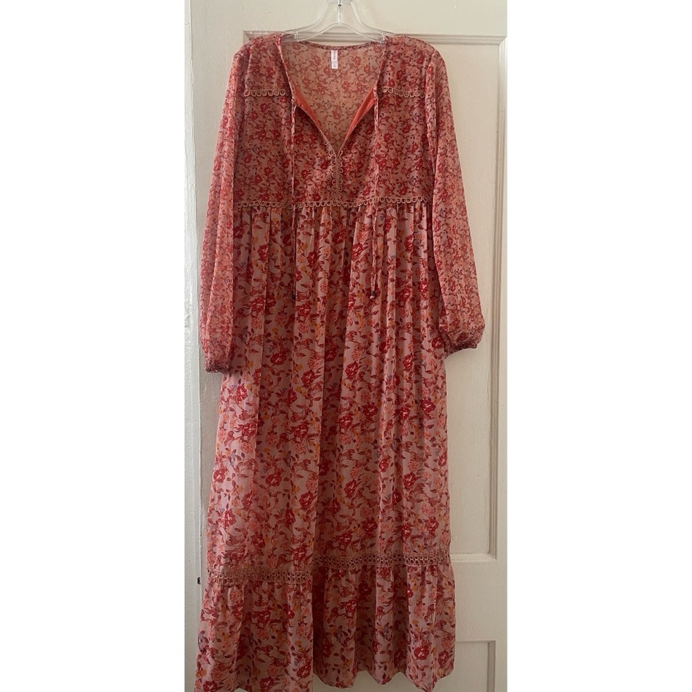 Xhilaration Red Smocked Maxi Sundress with Bishop Sleeves